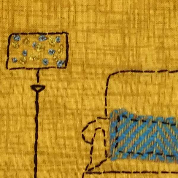 This is a one-off design in my ‘interiors’ collection. Designed and hand stitched by me using DMC threads onto a mustard background with a Harris tweed cushion on the armchair. The back of the hoop is covered in a blue wool felt and is ready to hang using the contrasting teal crocheted loop.  Only one available.