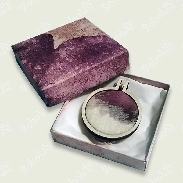 This unique piece has been created by dying the fabric with acrylic ink thereby ensuring a totally one-off cannot be replicated work. Its comes complete with cotton yarn hanging loop and supplied in a lovely handmade gift box. These mini hoops make ideal Christmas stocking fillers.